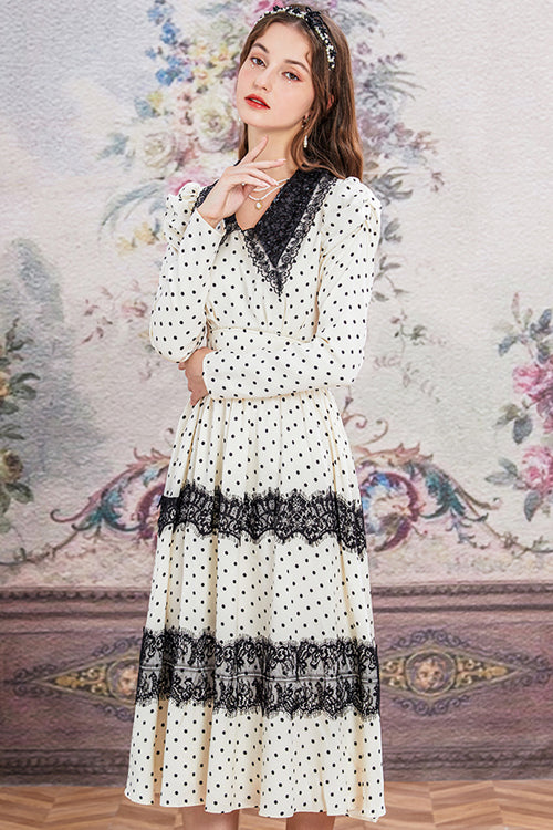 Beige/Black Doll Collar Vintage Lace Patchwork Polka Dot Print Long Sleeves High Waisted Long Sweet Lolita OP Dress - Product - 3