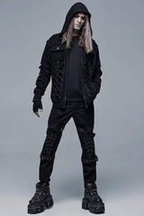Black Punk Front Lace Up Decoration Long Sleeve Knit Hoodie Men's Coat - Product - 4
