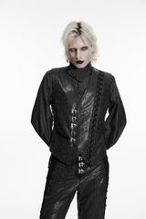 Black V Collar Lace-Up Slim Asymmetric Buckled Men's Punk Vest - Black - 1