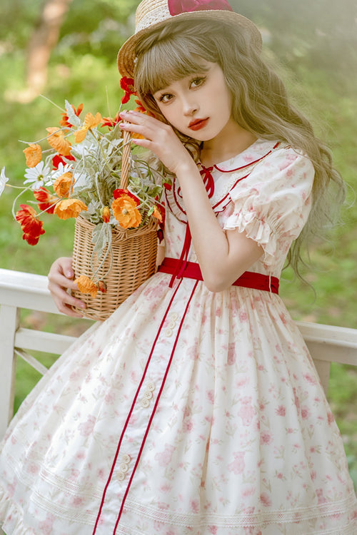Pink Cute Bear Print Doll Collar Ruffled Short Sleeves High Waisted Sweet Lolita Dress - Product - 3