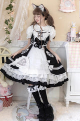 White/Black Cat Print Ruffle Bowknot Maid Sweet Lolita Dress - White/Black - 1