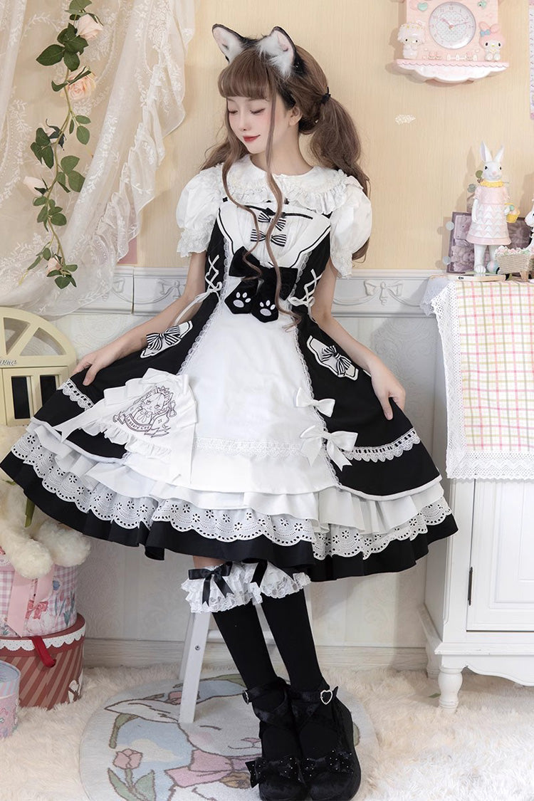 White/Black Cat Print Ruffle Bowknot Maid Sweet Lolita Dress - White/Black - 1