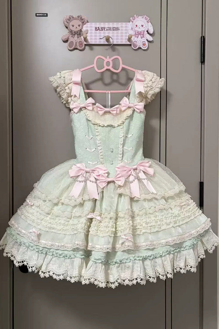 [Wind Chime Poem] Square Collar Flutter Sleeves Triple-Layered Printed Ruffled Bow Sweet Lolita Jsk Dress 4 Colors (Blue, Pink, Purple, Green) - Green - 22