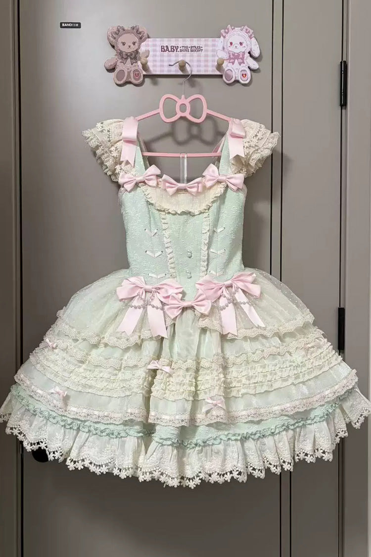 [Wind Chime Poem] Square Collar Flutter Sleeves Triple-Layered Printed Ruffled Bow Sweet Lolita Jsk Dress 4 Colors (Blue, Pink, Purple, Green) - Green - 22