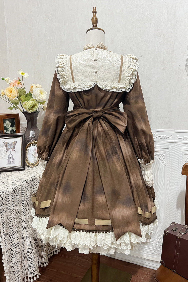 Brown [Chocolate Cat] Print Long Sleeves Ruffle Bowknot Sweet Lolita Dress - Product - 13