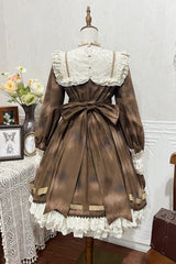 Brown [Chocolate Cat] Print Long Sleeves Ruffle Bowknot Sweet Lolita Dress - Product - 13