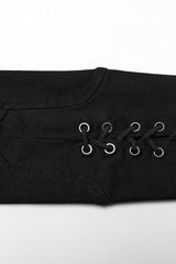 Black Denim Eyelet Rope Stand Collar Zipper Slim Irregular Womens Steampunk Coat - Product - 9