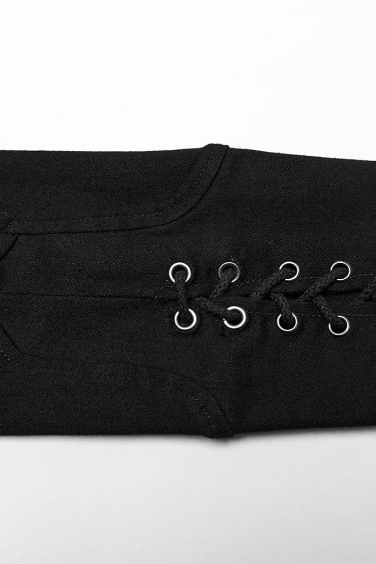 Black Denim Eyelet Rope Stand Collar Zipper Slim Irregular Womens Steampunk Coat - Product - 9