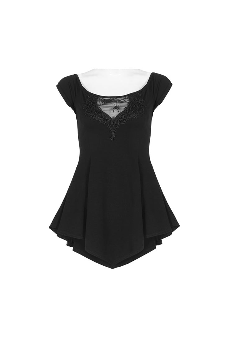Black Short Sleeve Orizontal Neck Front Chest Lace Embroidery Frill Hem Women's Gothic T-Shirt - Product - 5