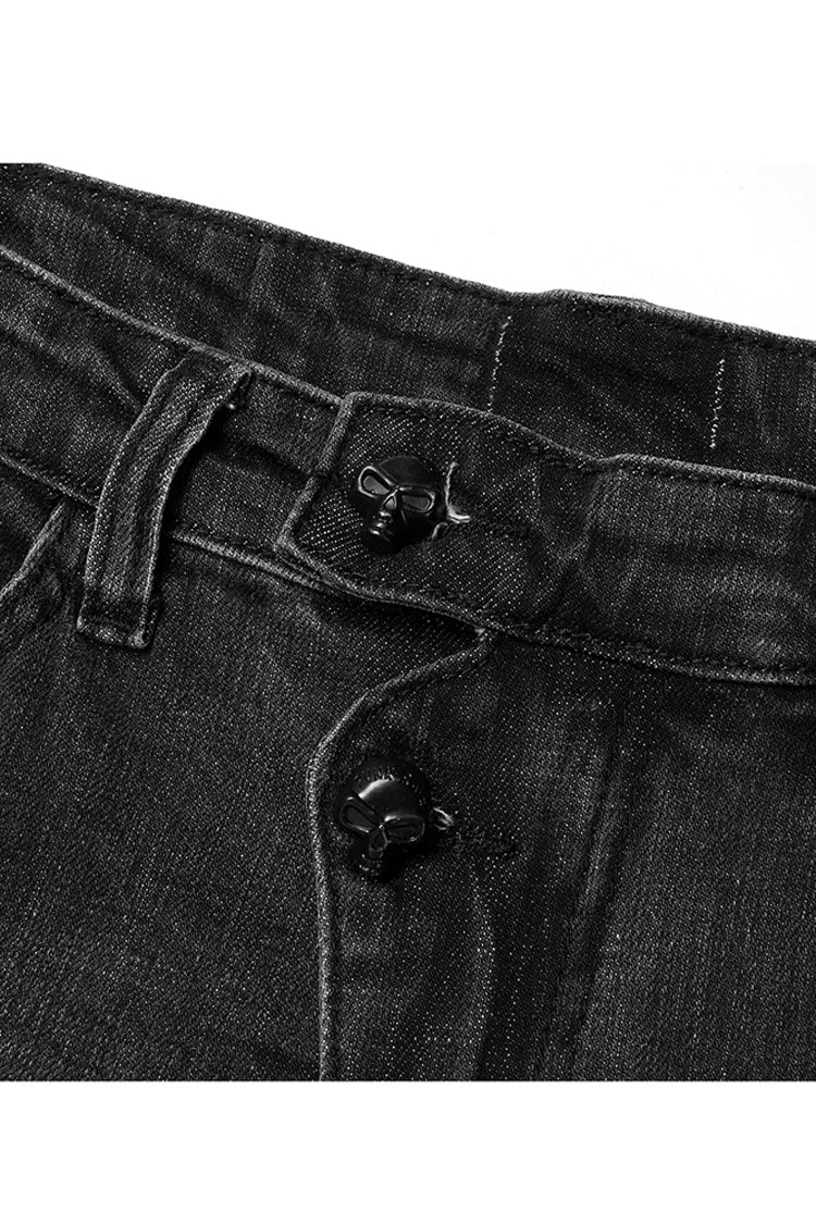 Black Tight Elastic Distressed Denim Asymmetrical Placket Medium Waist Women's Punk Flared Pants - Product - 9