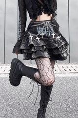 Black High Waisted Print Chain Rock Gothic Skirt - Black - 1