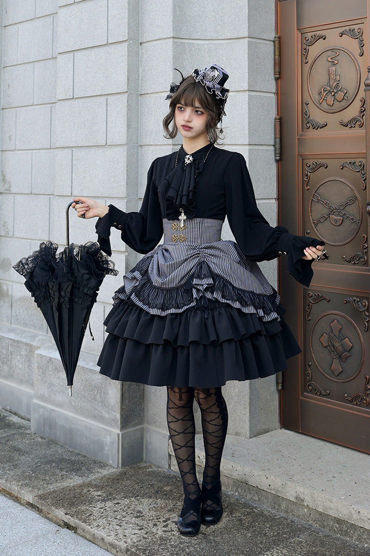 Black [Point Manor] Multi-Layered Striped Printed Ruffled Lifted Hem Bow Gothic Lolita Skirt - Product - 4