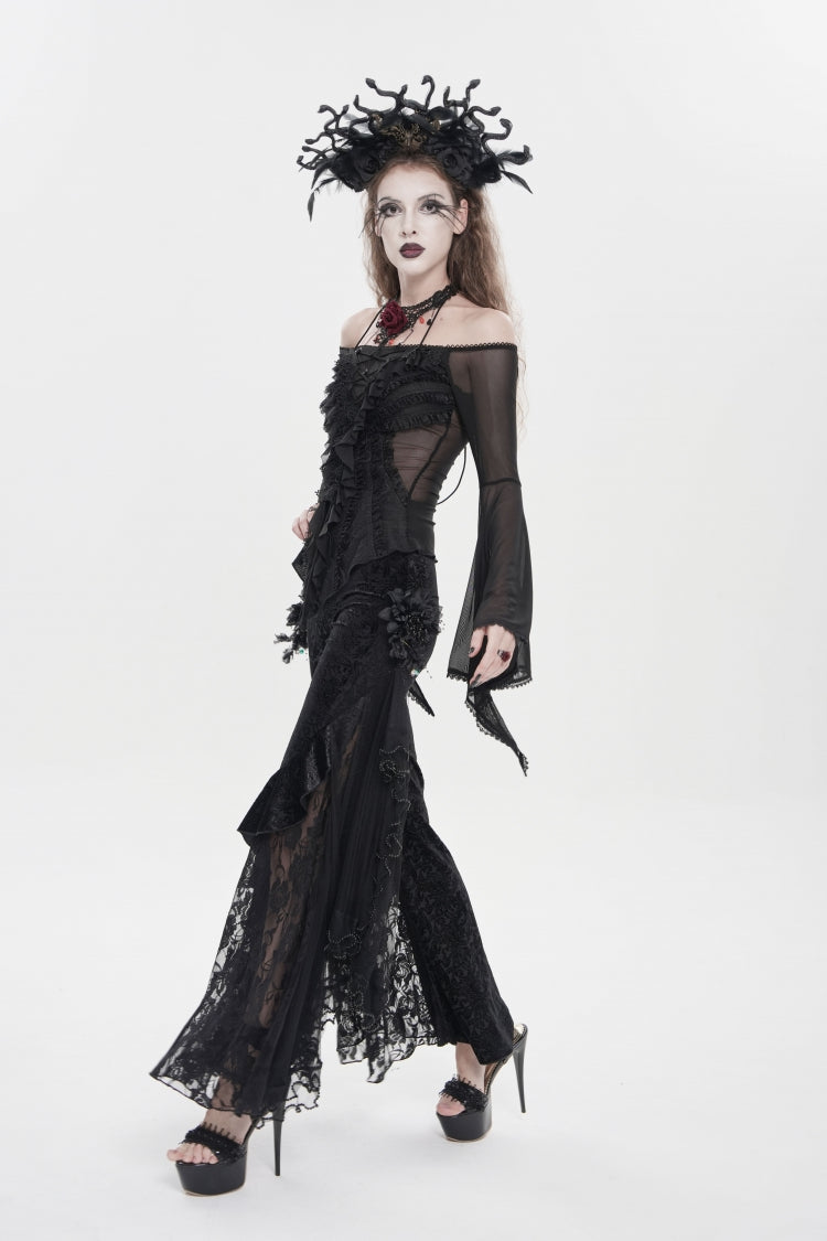 Black Embroidered Lace Women's Printed Mesh Floral Gothic Pants - Product - 3