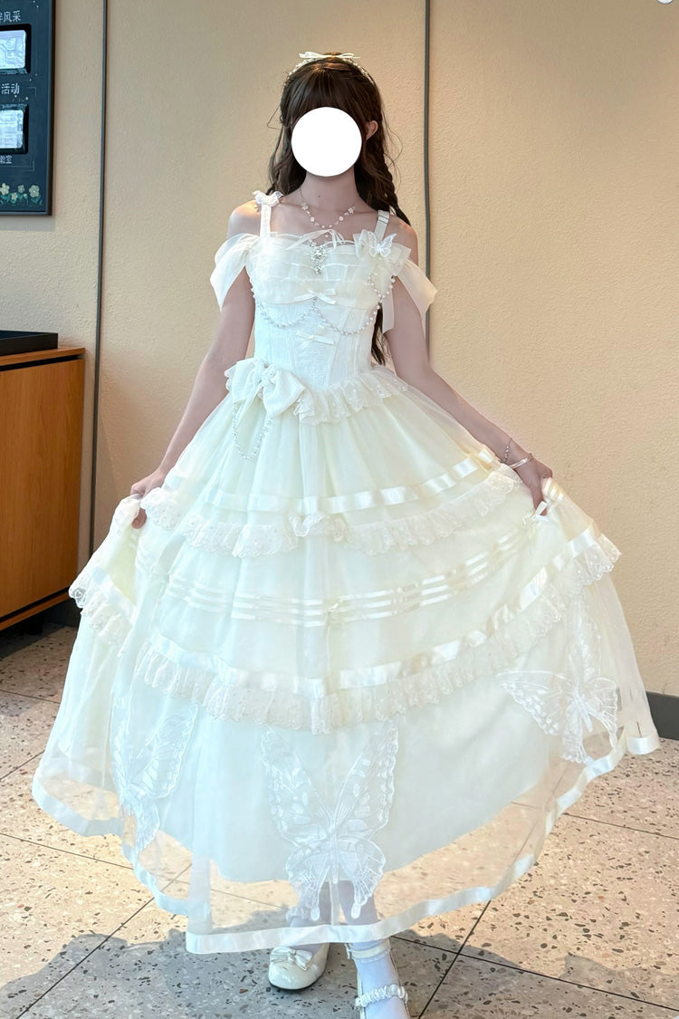 Apricot [Moonlight Poems] Triple-Layered Jacquard Ruffle Bowknot Lace Sweet Elegant Princess Lolita Jsk Dress - Apricot - 1