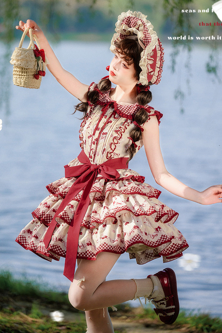 Red Triple-Layered [Cherries Are Ripe] Print Ruffle Sweet Lolita Skirt Set - Product - 9