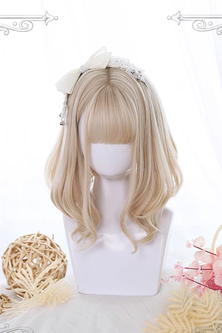 Yellow Short Hair Slightly Curly Sweet Lolita Wigs - Yellow - 1