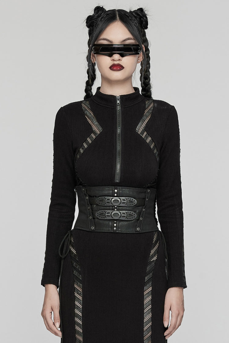 Black Lace-Up Buckle Women's Punk Underbust Corset - Black - 1