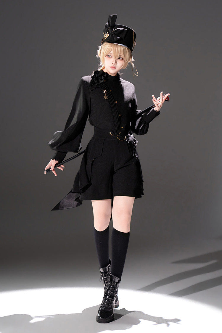 Black [Will of the Rose] Round Collar Long Sleeves Asymmetric Gothic Vintage Elegant Knight Prince Ouji Lolita Blouse Shorts Set - Product - 7