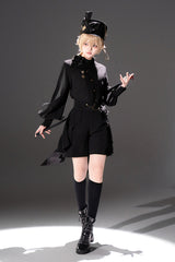 Black [Will of the Rose] Round Collar Long Sleeves Asymmetric Gothic Vintage Elegant Knight Prince Ouji Lolita Blouse Shorts Set - Product - 7