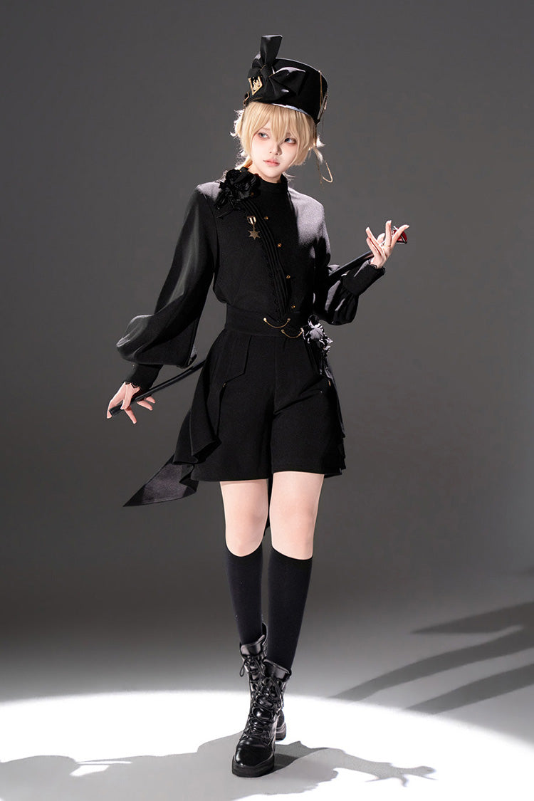 Black [Will of the Rose] Round Collar Long Sleeves Asymmetric Gothic Vintage Elegant Knight Prince Ouji Lolita Blouse Shorts Set - Product - 7