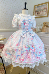 Blue [Cute Rabbit Sweet Cake] Print Ruffle Bowknot Lace Sweet Lolita Jsk Dress - Blue - 1