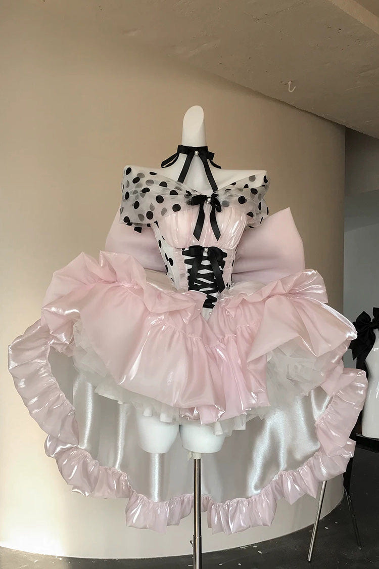 Pink [Polka Dot × Gown Coronation] Sleeveless Printed Ruffled Bow Lace-Up Princess Gorgeous Sweet Lolita Dress - Product - 5