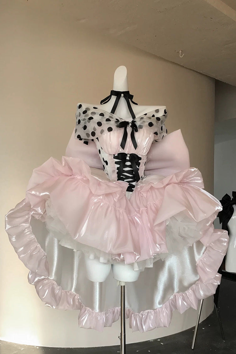 Pink [Polka Dot × Gown Coronation] Sleeveless Printed Ruffled Bow Lace-Up Princess Gorgeous Sweet Lolita Dress - Product - 5