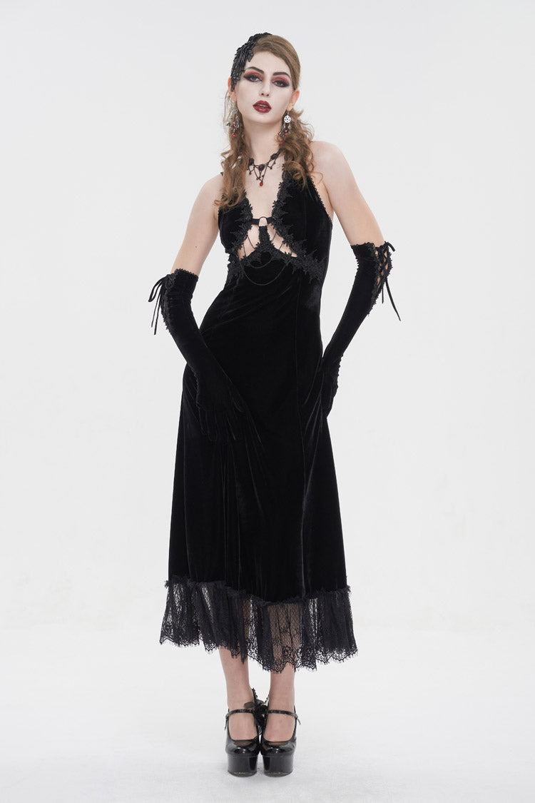 Black Lace Up Lace Hem Slip Long Women's Gothic Dres - Black - 1