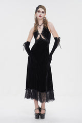 Black Lace Up Lace Hem Slip Long Women's Gothic Dres - Black - 1