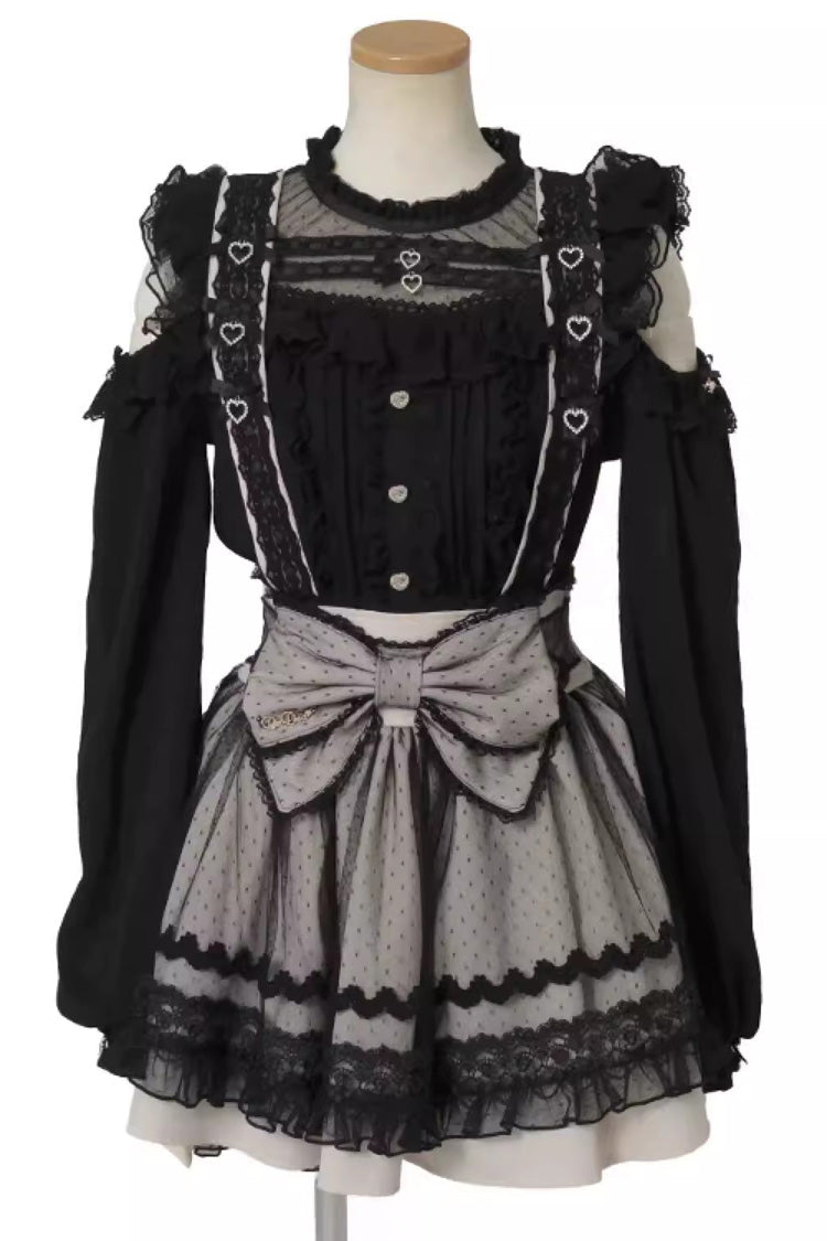 Sweet Sheer Overlay Maid Ruffled Bow Lace-Up Jirai Kei Japanese Suspender Skirt 3 Colors - Black-Version1 - 1