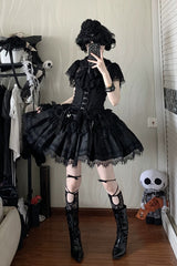 Black [Silver Moon Thorn] Off Shoulder Sleeveless Jacquard Ruffled Bow Patchwork Lace Gothic Lolita Skirt Two-piece Set - Product - 10