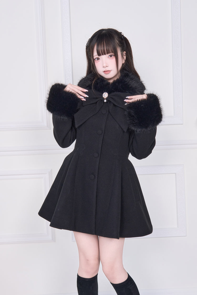 Black Plush Collar Long Sleeves Bowknot Japanese Sweet Lolita Coat - Product - 2
