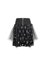 Black/White Knitted Fabric Cross Print Side Waist Straps Detachable Metal Chain Women's Punk Skirt - Product - 7