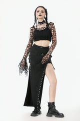 Black Women's Gothic Long Flared Sleeves Hollow-out Mesh Crop Top - Black - 1