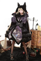 [Werewolf] Fairy Tale Lapel Collar Long Sleeves Printed Ruffled Open-Front Lace Heavy-Detailed Gothic Lolita Skirt Set (Red, Grey, Purple) - Product - 29