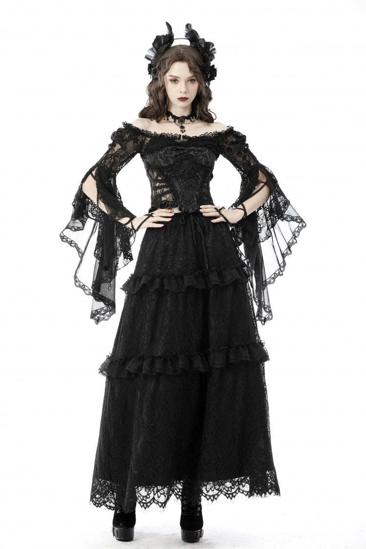 Black Off Shoulder Lace Long Trumpet Sleeves Floral Mesh Women's Gothic Cape - Product - 10