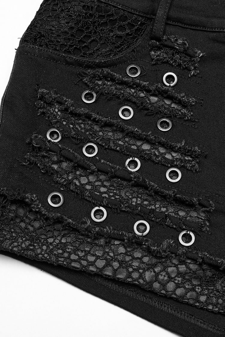 Black Stitching Mesh Distressed Women's Punk Shorts - Product - 6
