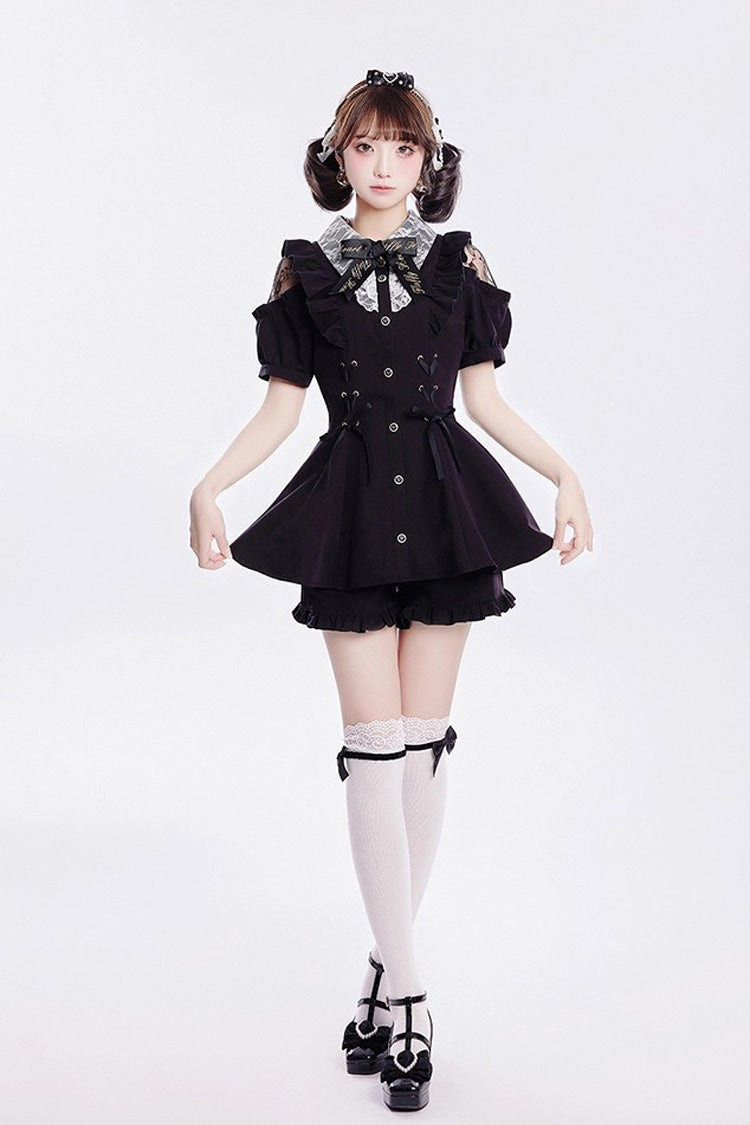 [Alice of Wednesday] Sweet Off Shoulder Short Sleeves Ruffle Bowknot Lace-Up Japanese Jirai Kei Dress Shorts Set 3 Colors - Product - 9