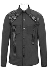Black Straps Long Sleeves Mens Punk Blouse - Product - 4