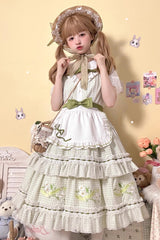 Green Doll Collar Short Sleeves Plaid Print Ruffle Hollow Embroidery Bowknot Sweet Elegant Lolita Dress - Product - 9