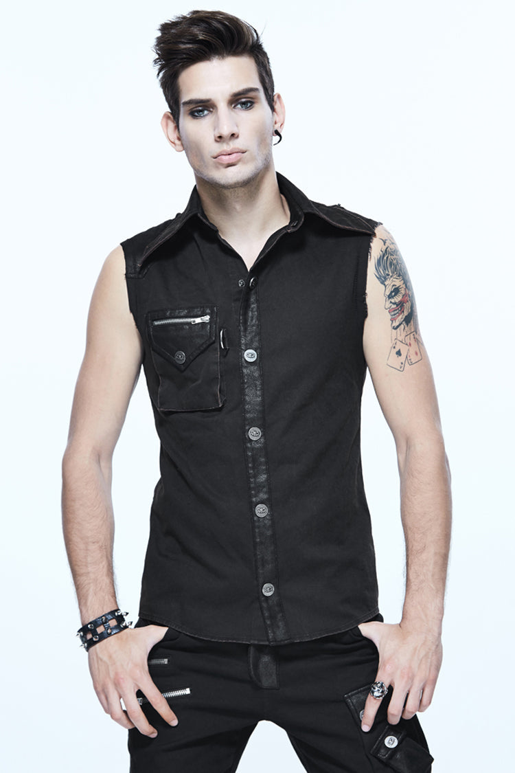 Black Sleeveless Twill One-Shoulder Armor Heat Seal Men's Punk Shirt - Product - 4