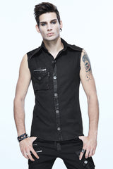 Black Sleeveless Twill One-Shoulder Armor Heat Seal Men's Punk Shirt - Product - 4