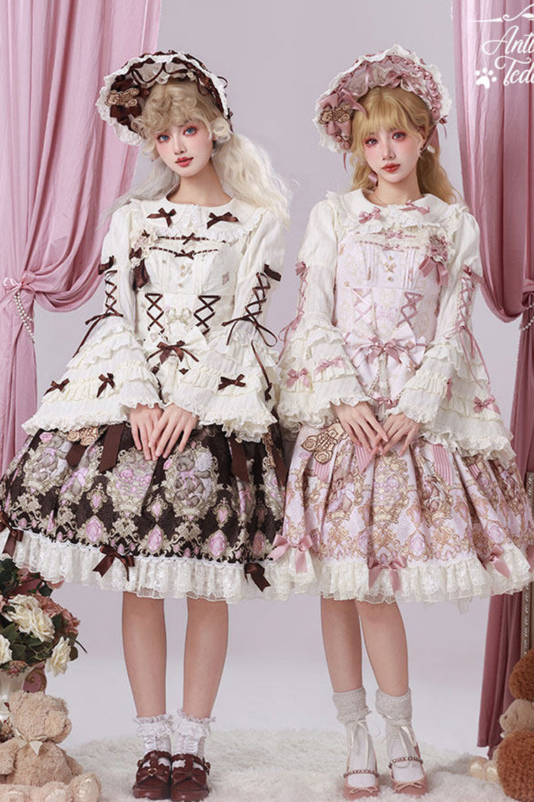 Pink [Antique Teddy Bear] Sleeveless Printed Bow Lace Sweet Elegant Lolita Jsk Dress - Product - 7