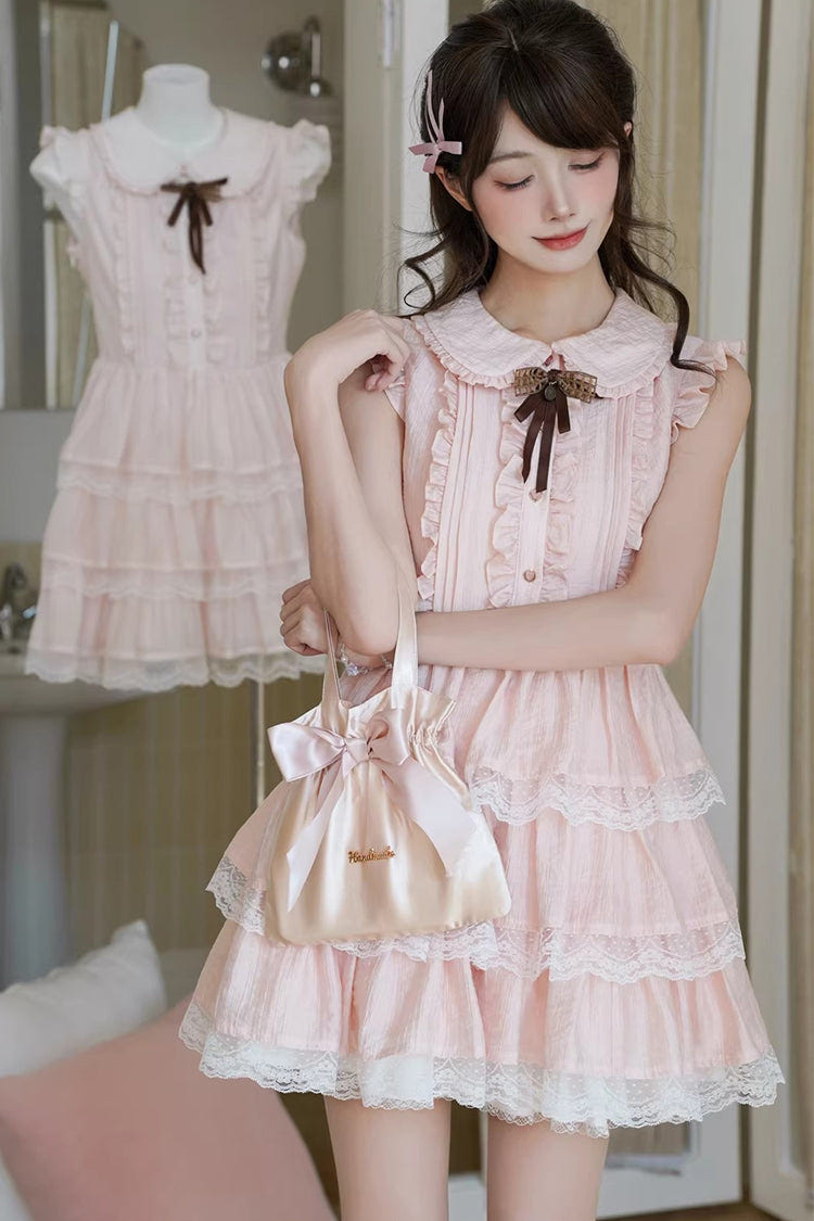 Pink Doll Collar Triple-Layered Ruffled Bow Lace Sweet Lolita Dress - Product - 6