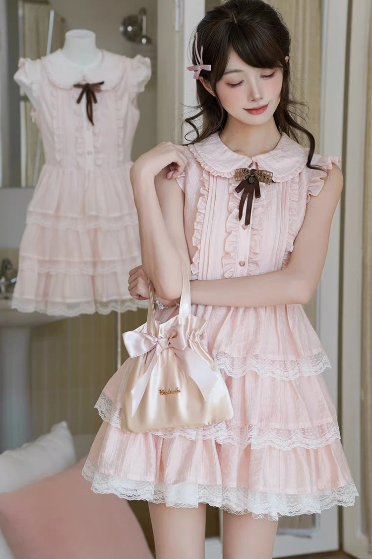 Pink Doll Collar Triple-Layered Ruffled Bow Lace Sweet Lolita Dress - Product - 6