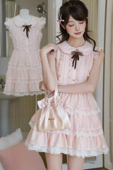 Pink Doll Collar Triple-Layered Ruffled Bow Lace Sweet Lolita Dress - Product - 6