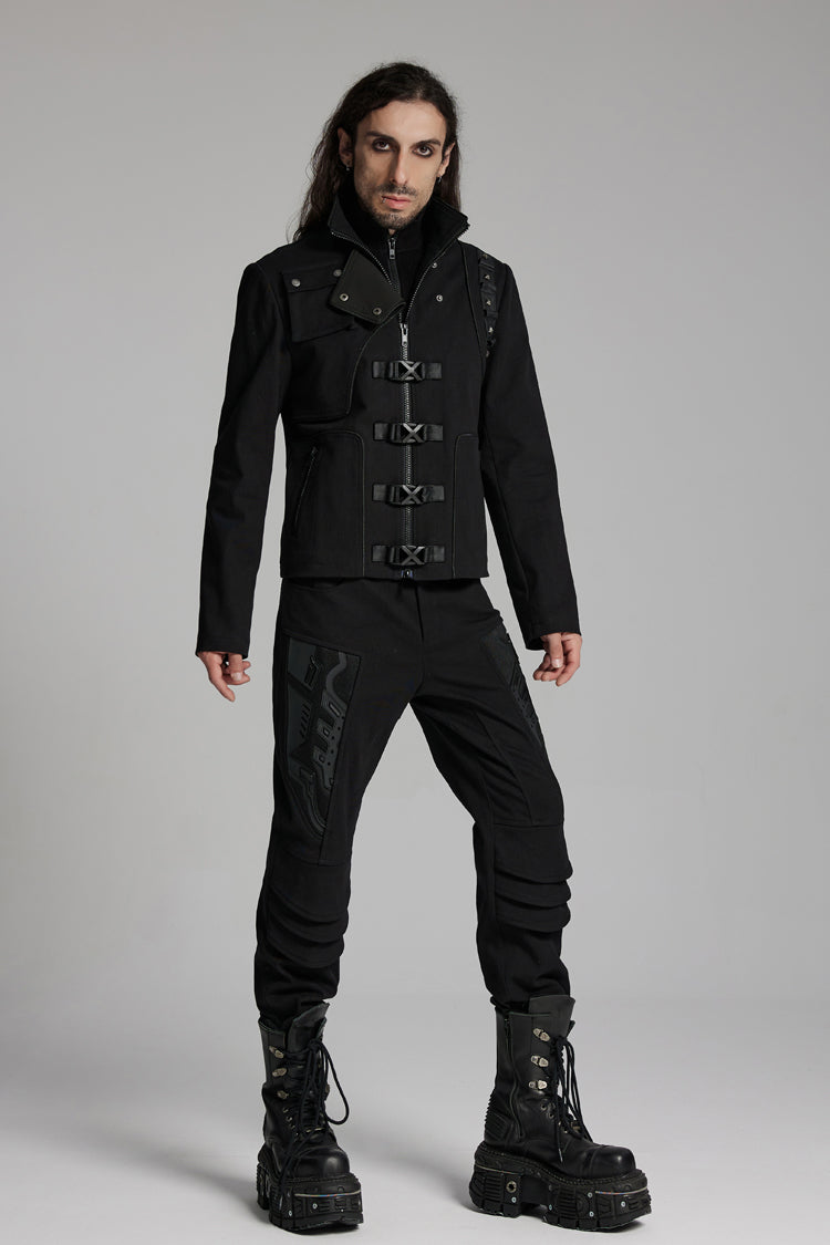 Black Buckle-up Rivets Long Sleeves Men's Punk Jacket - Product - 3