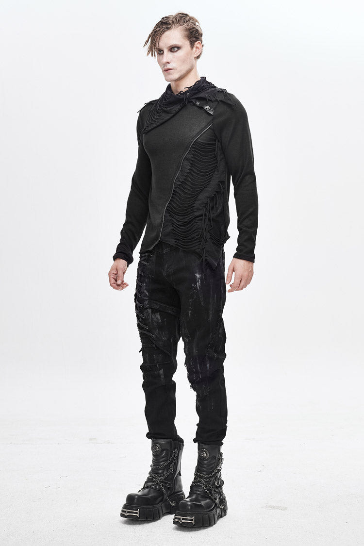 ブラック ラグド ターンダウン襟ウール ロングスリーブ変形裾幅メンズ パン T シャツ 商品画像