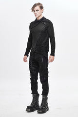 Black Ragged Turn-Down Collar Woolen Long Sleeve Irregular Hem Men's Punk T-Shirt - Product - 4