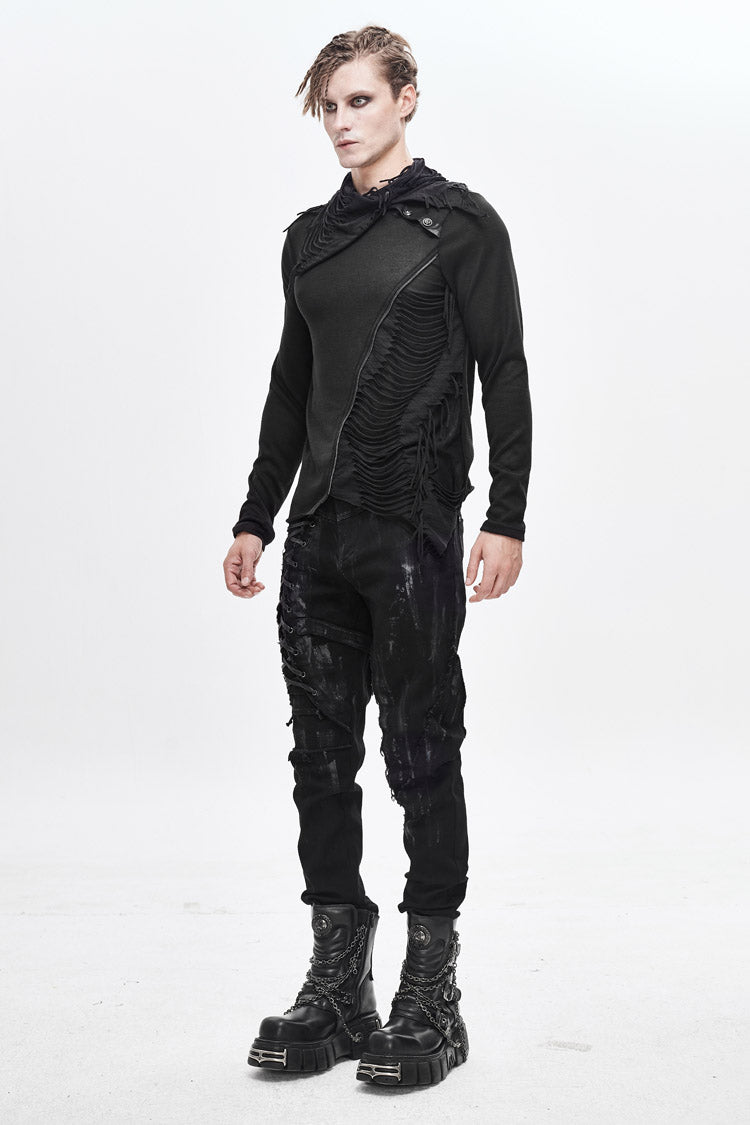 Black Ragged Turn-Down Collar Woolen Long Sleeve Irregular Hem Men's Punk T-Shirt - Product - 4